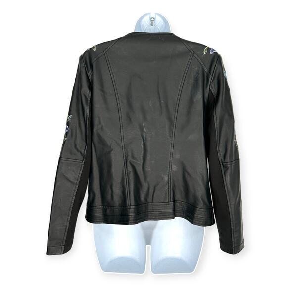 G by Giuliana | Medium | Black Vegan Leather Floral Embroidered Moto Jacket - Picture 6 of 9